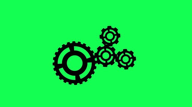Animation of  fore rotating gears of different sizes on green background. Perfect for overlays, technology videos, teamwork concepts, engineering, and creative projects