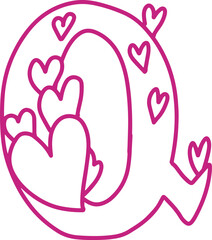 Q monogram letter hand drawn with hearts. Pink alphabet symbol isolated on white.