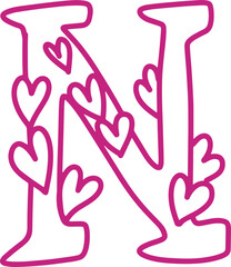 N monogram letter hand drawn with hearts. Pink alphabet symbol isolated on white.
