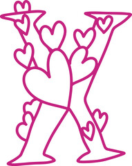 X monogram letter hand drawn with hearts. Pink alphabet symbol isolated on white.