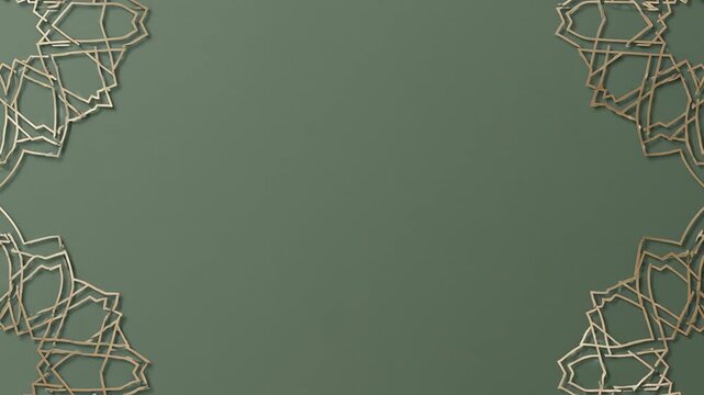 Elegant Islamic geometric pattern border on a muted green background.