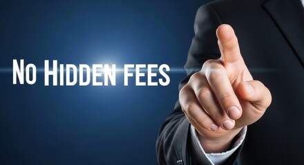 Closeup Businessman Hand pointing at No Hidden Fees text, representing financial transparency, honest pricing, consumer trust, and fair business.