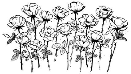Beautiful hand-drawn black and white illustration featuring a dense cluster of blooming roses with thorny stems and detailed leaves.