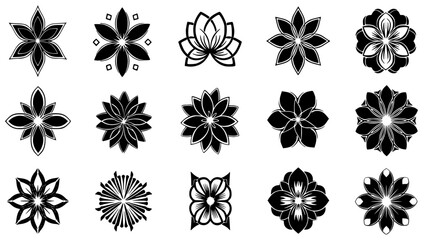 Collection of stylized black and white floral vector icons representing various geometric flower blossoms and abstract nature designs.