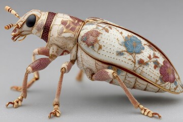 Ornamental jeweled weevil figurine in crackled white enamel with hand-painted maroon and blue flowers, gold details, black gem eyes, segmented legs, and striped antennae. Macro side view 