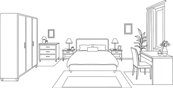 Detailed black and white line art illustration of a contemporary bedroom interior featuring a large bed nightstands lamps dresser wardrobe and desk area