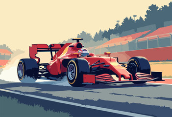 Obraz premium Flat Formula 1 Car generic speeding around curve Speed lines asphalt texture Racing concept