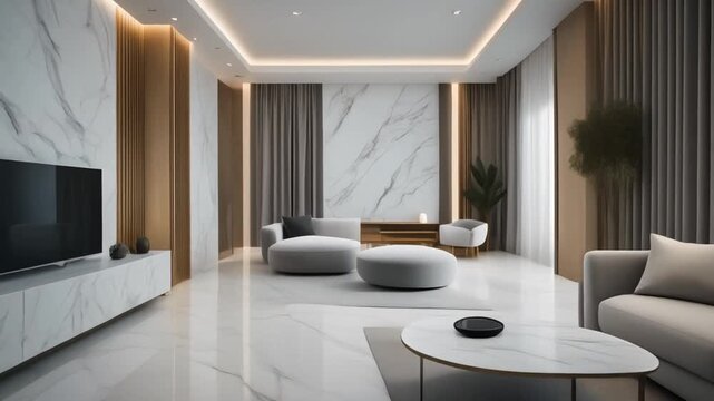 Smooth cinematic walkthrough of a luxury minimalist living room interior featuring elegant marble surfaces, modern furniture, and soft natural lighting.