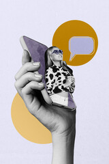 Fototapeta premium Creative trend design 3D collage sketch of huge hand hold smartphone young lady stand drink coffee video call balloon message dialog cloud