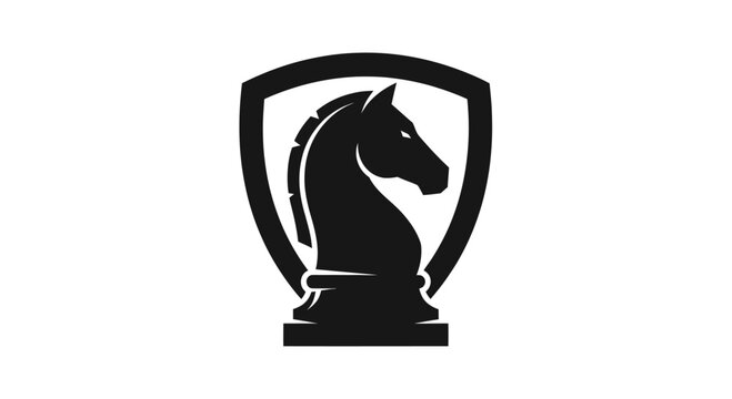 Black horse chess piece inside shield vector logo