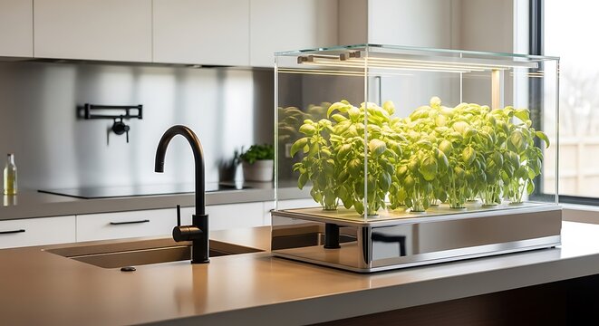 Compact smart indoor hydroponic planter with fresh basil growing under LED lights on a modern kitchen island, featuring a minimalist faucet and clean contemporary home aesthetic