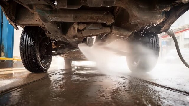 Medium shot of a cars underbody being cleaned with a highpressure wash effectively removing salt and grime buildup from the vehicles frame.