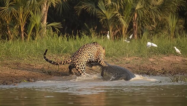 The jaguar hunting a Yacare caiman on the river's edge in the Pantanal, Brazil.
