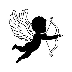 Fototapeta premium Black silhouette of cute flying Cupid with bow and arrow. Traditional Valentines Day angel symbol for romantic design. Cupid silhouette, isolated on white background.