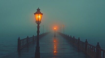 Obraz premium Eerie pier extending into the misty horizon illuminated by vintage lamps