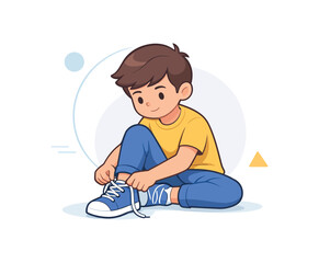 Fototapeta premium Boy tying shoes on the floor, flat vector illustration