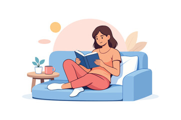 Obraz premium Woman relaxing with book on sofa, flat vector illustration