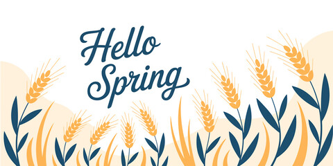 Hello spring season greeting with wheat and leaves on white background