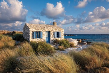 A charming stone cottage is nestled near the serene sea, encircled by lush green grass and rugged rocks, all under a bright sunny sky adorned with fluffy clouds