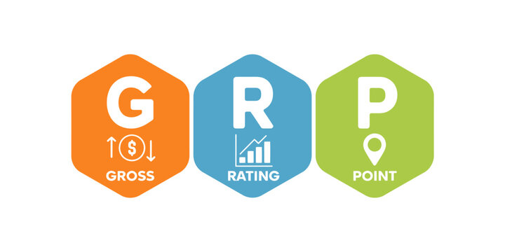 G R P business finance icons with acronyms on colorful hexagons