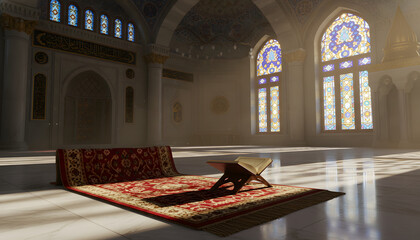Majestic Mosque Interior With Quran On Rehal, Sunlight Through Stained Glass Windows