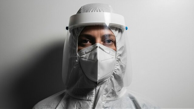 Close-up of person in full PPE with mask and face shield