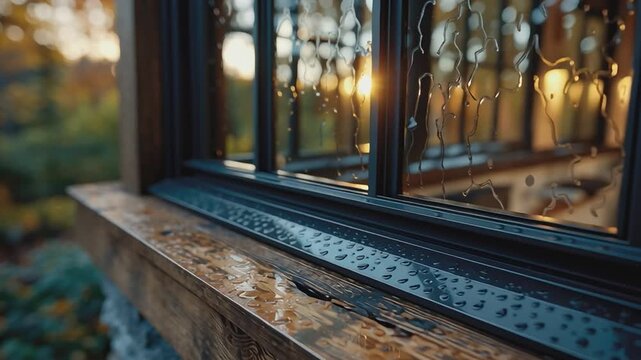 Rain-Kissed Window: A close-up of a rain-streaked window, offering a serene view of a sunlit garden, capturing the beauty of nature's simple moments.