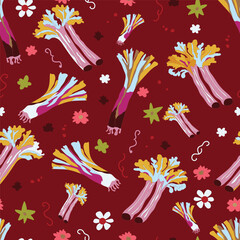 Organic hand drawn rhubarb and leeks seamless pattern. Perfect for modern farmhouse kitchen textiles, eco-friendly packaging and garden wallpapers.