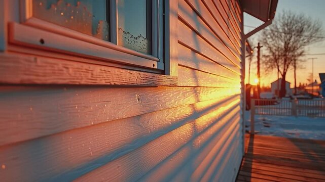 Sunset Kiss on the House: The golden light of sunset bathes the weathered side of a house, casting long shadows and highlighting the texture of the wooden siding.