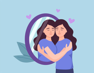 Woman hugs own reflection in mirror demonstrating narcissism and high self-esteem. Girl stands near mirror and rejoices at transformation of appearance after changing image and buying new clothes.