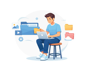 Man with laptop managing digital files, flat vector illustration