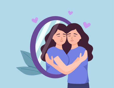 Woman hugs own reflection in mirror demonstrating narcissism and high self-esteem. Girl stands near mirror and rejoices at transformation of appearance after changing image and buying new clothes.