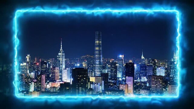 Nighttime cityscape with glowing blue frame and illuminated buildings