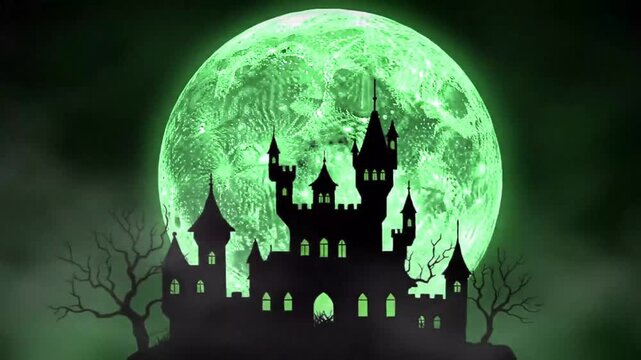 Silhouette castle with large moon spooky night scene graphic illustration
