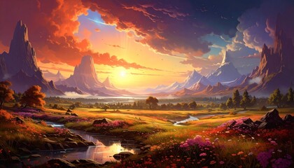 夕焼けに染まる幻想的な山岳風景背景