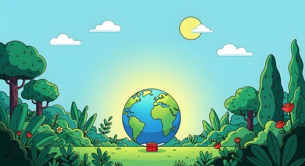 Naklejka premium A vibrant cartoon landscape with the earth in a serene natural setting