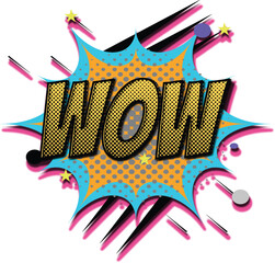 Wow comic pop art explosion burst with halftone dots, colorful retro cartoon blast bubble, superhero sound effect typography illustration design © AKASH