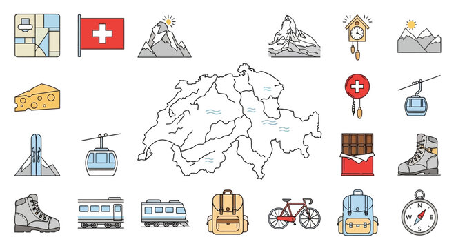 Switzerland travel icons and map vector illustration