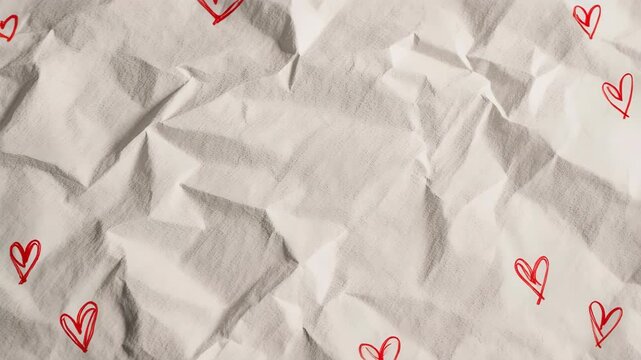 Crumpled paper with red hand-drawn hearts pattern