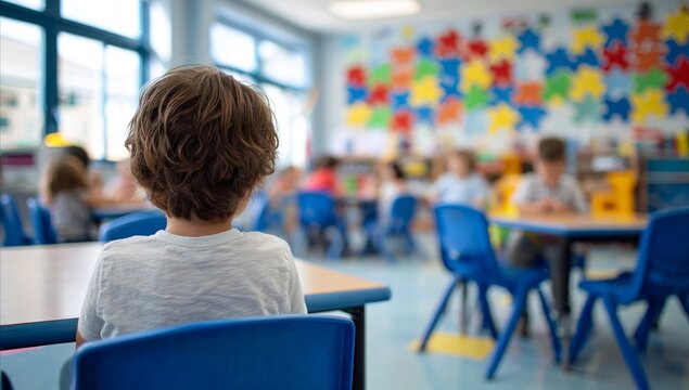 Young Boy Sitting in Classroom with Colorful Wall Decorations and Blue Chairs