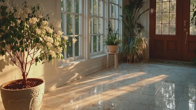 Sunlit Interior Oasis: A bright, sun-drenched interior space where natural light streams through expansive windows, casting dynamic shadows upon the polished floor.