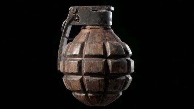 Aged wooden grenade with metal pin on black background.