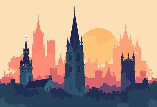 Vertical vintage illustration Ghent, Belgium three medieval towers Saint Nicholas, Belfry, Saint Bavo silhouette