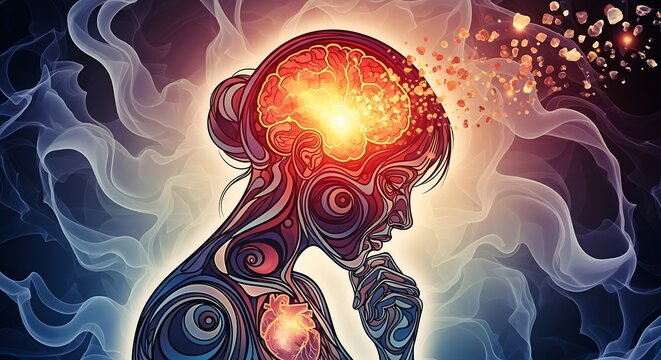 Contemplative woman silhouette with glowing brain and heart abstract illustration.