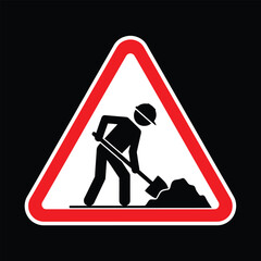 Warning sign depicting a person wearing a hard hat digging with a shovel on a black background with a red border