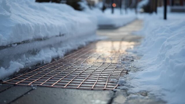 Medium shot of electric underfoot heating system embedded in concrete walkway melting snow for safe winter passage