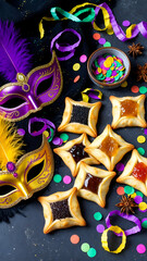 Purim flat lay with hamantaschen cookies colorful masks confetti and festive decorations on dark background
