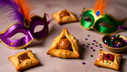 Purim festive scene with golden hamantaschen cookies colorful masks feathers and confetti celebrating Jewish holiday tradition
