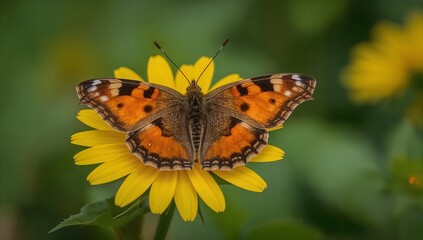 Obraz premium A butterfly gracefully perched on a vibrant yellow flower, its wings displaying intricate patterns and colors. A scene of natural beauty and tranquility