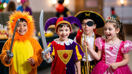 Children dressed in Purim costumes including lion jester pirate and princess enjoying festive Jewish holiday celebration
